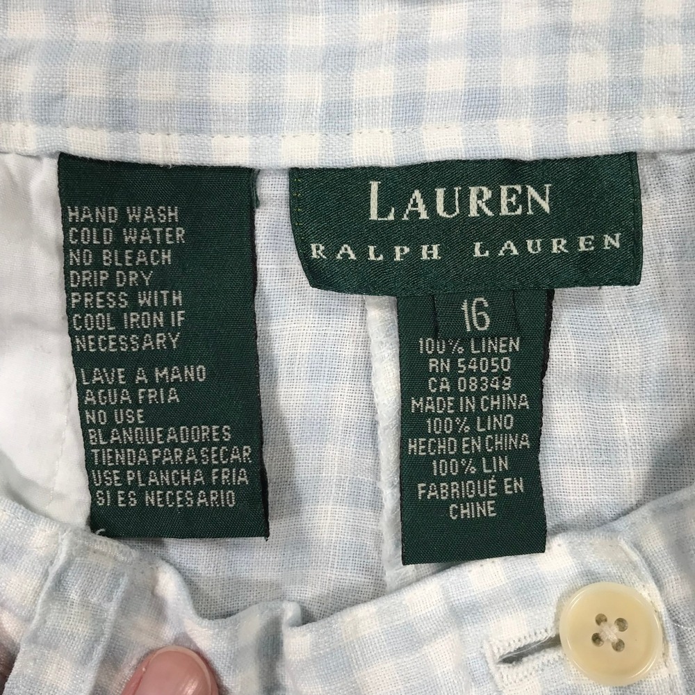 Lauren Ralph Lauren Shorts Women 16 Blue Gingham Check Linen High Waist Pocket - Picture 2 of 10